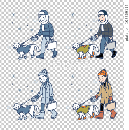 Illustration of a man and woman walking a puppy on a winter day 108869115