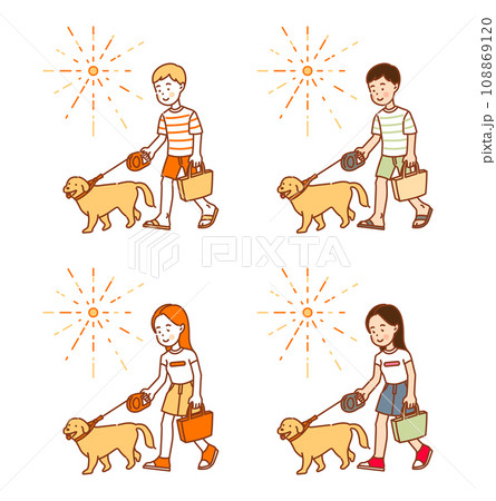 Illustration of a man and woman walking a puppy on a summer day Illustration of a man and woman walking a puppy on a summer day 108869120