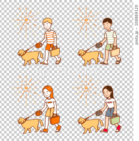 Illustration of a man and woman walking a puppy on a summer day Illustration of a man and woman walking a puppy on a summer day 108869120