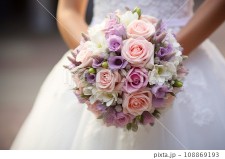 The bride holds soft wedding bouquet of roses, peonies and eustoma. Generative AI 108869193