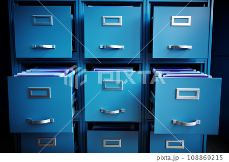 File cabinet with a wide open drawer full of files. Generative AI 108869215