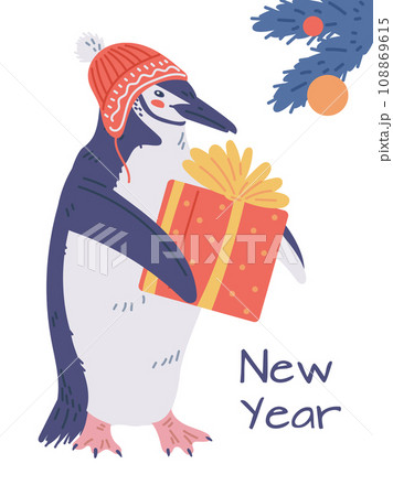 New Year's card, funny penguin with present, vector illustration. New Year's card, funny penguin with present, vector illustration. 108869615