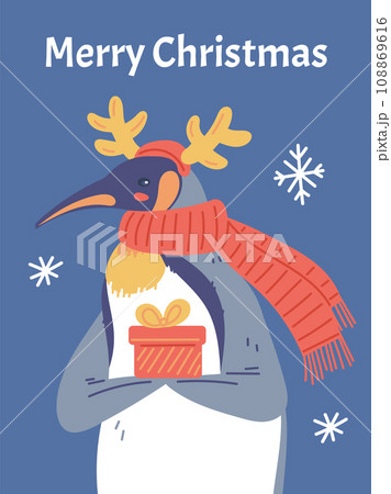 Christmas card, penguin with funny antlers and a gift, vector illustration. Christmas card, penguin with funny antlers and a gift, vector illustration. 108869616