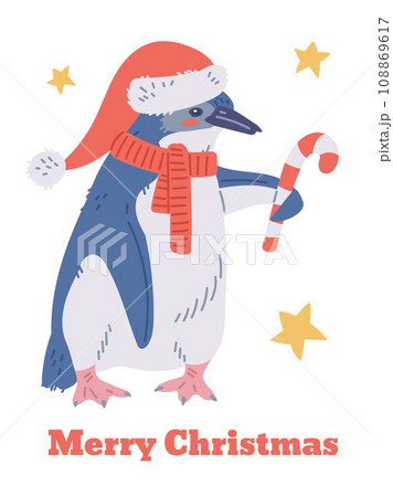 Christmas card, penguin in hat and with candy, vector isolated on white. 108869617