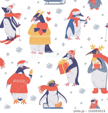 Seamless pattern with cute penguins in winter, vector illustration. Seamless pattern with cute penguins in winter, vector illustration. 108869628
