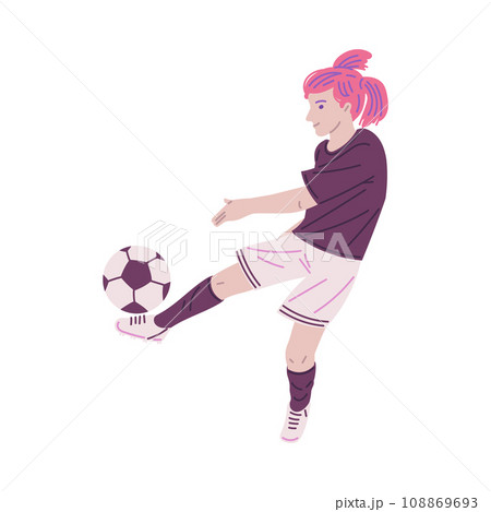 Teenage child playing soccer or football in team uniform, flat vector isolated. 108869693