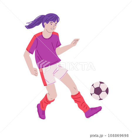 Girl in sportswear playing soccer, kicking the ball, cartoon teenager playing football, youth athlete in action 108869698