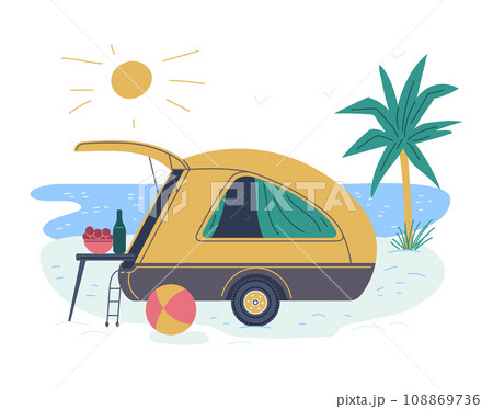 Beach backdrop with travel van or RV camper, flat vector illustration isolated. Beach backdrop with travel van or RV camper, flat vector illustration isolated. 108869736