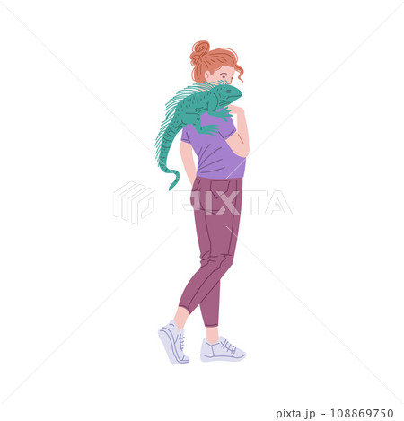 Girl hold iguana on her shoulder. Girl hold iguana on her shoulder. 108869750