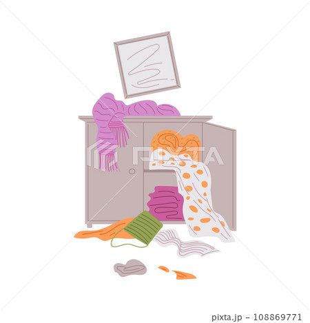 Open wardrobe, scattered clothes, damaged picture on the wall. Open wardrobe, scattered clothes, damaged picture on the wall. 108869771