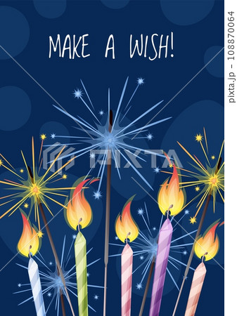 Birthday greeting card template. Banner, flyer with candles, sparkler. Make a wish Invitation design for holiday, anniversary, party. 108870064