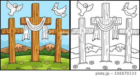 Christian Three Cross Coloring Page Illustration 108870133