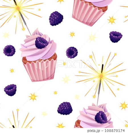 Seamless pattern with cupcake decorated with cream, blackberries and sparklers. Birthday muffin background. Festive texture for wrapping paper, cards, fabric, wallpaper. Seamless pattern with cupcake decorated with cream, blackberries and sparklers. Birthday muffin background. Festive texture for wrapping paper, cards, fabric, wallpaper. 108870174