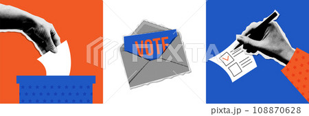 Ballot voting, box vote, mail polling square banners set. Halftone collage banners collection with hands. Vector poster concepts for web. Trendy vintage vector illustration. Ballot voting, box vote, mail polling square banners set. Halftone collage banners collection with hands. Vector poster concepts for web. Trendy vintage vector illustration. 108870628