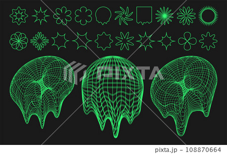 Cyber distorted shapes, retro punk design elements. Melting geometry y2k elements. Isolated wireframe style on black background. Vector trendy illustration. Cyber distorted shapes, retro punk design elements. Melting geometry y2k elements. Isolated wireframe style on black background. Vector trendy illustration. 108870664