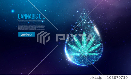 Cannabis oil concept. Low poly hemp in oil drop. Marijuana leaf wireframe light connection structure, polygonal graphic. Cannabis oil concept. Low poly hemp in oil drop. Marijuana leaf wireframe light connection structure, polygonal graphic. 108870730