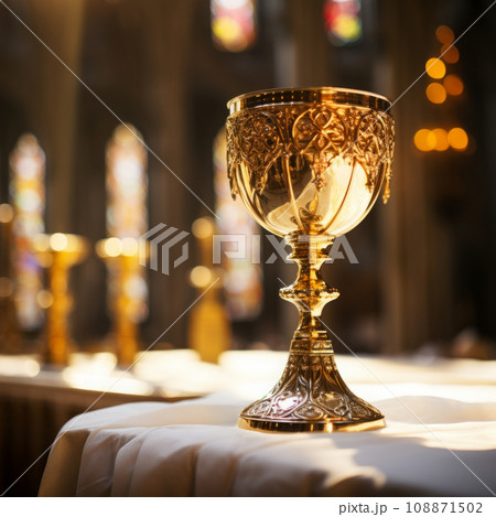 Close up of Holy Chalice with customizable space for text or prayers. Close up of Holy Chalice with customizable space for text or prayers. 108871502