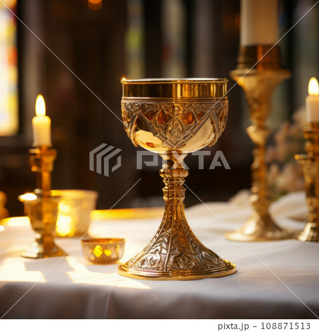 Golden Holy Chalice with customizable space for text or prayers. 108871513