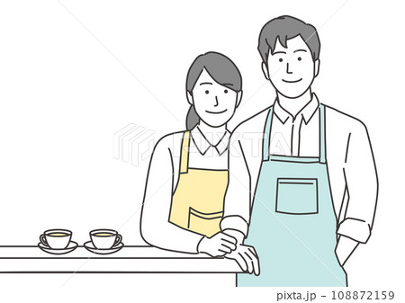 笑顔のカフェ店員とカウンターに置かれたコーヒー 笑顔のカフェ店員とカウンターに置かれたコーヒー 108872159