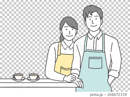 笑顔のカフェ店員とカウンターに置かれたコーヒー 笑顔のカフェ店員とカウンターに置かれたコーヒー 108872159