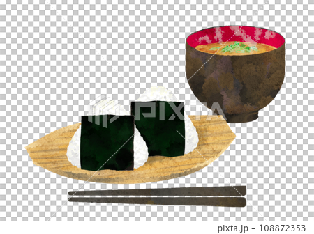 水彩で描いたおにぎりとお味噌汁のセットイラスト　湯気あり 108872353