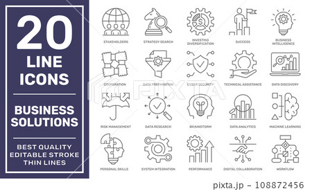 Creative business solutions related icon set. Innovation team management. Editable stroke. EPS 10 108872456