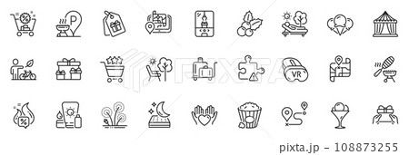 Icons pack as Ice cream, Gps and Crane claw machine line icons for app include Lounger, Eco bike, Journey outline thin icon web set. Puzzle, Fireworks, Map pictogram. Mattress. Vector 108873255