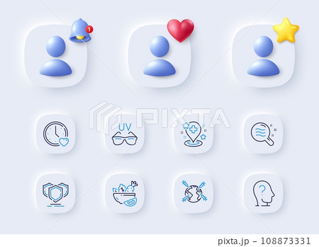 Dating, Psychology and Shields line icons. Placeholder with 3d bell, star, heart. Pack of Skin condition, Sunglasses, World vaccination icon. Salad, Hospital pictogram. For web app, printing. Vector Dating, Psychology and Shields line icons. Placeholder with 3d bell, star, heart. Pack of Skin condition, Sunglasses, World vaccination icon. Salad, Hospital pictogram. For web app, printing. Vector 108873331