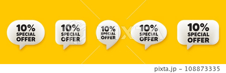 10 percent discount offer tag. 3d chat speech bubbles set. Sale price promo sign. Special offer symbol. Discount talk speech message. Talk box infographics. Vector 10 percent discount offer tag. 3d chat speech bubbles set. Sale price promo sign. Special offer symbol. Discount talk speech message. Talk box infographics. Vector 108873335