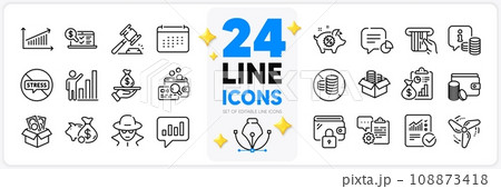 Icons set of No cash, Auction hammer and Wallet line icons pack for app with Checked calculation, Graph chart, Clipboard thin outline icon. Loan, Info, Stop stress pictogram. Calendar. Vector Icons set of No cash, Auction hammer and Wallet line icons pack for app with Checked calculation, Graph chart, Clipboard thin outline icon. Loan, Info, Stop stress pictogram. Calendar. Vector 108873418