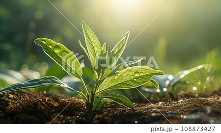 Green leaf of young plant close-up in sunlight in morning. 108873427