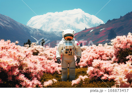 Astronaut in alpine meadows, in a field of rhododendrons Astronaut in alpine meadows, in a field of rhododendrons 108873457