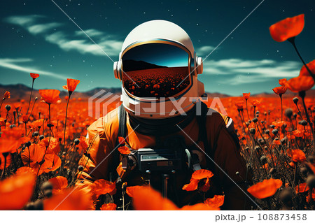 Astronaut in alpine meadows, in a field of poppies Astronaut in alpine meadows, in a field of poppies 108873458