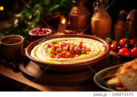 Overhead view of mezze platter of hummus and pita bread surrounded by fresh tomatoes, olives, and vegan tzatziki 108873475