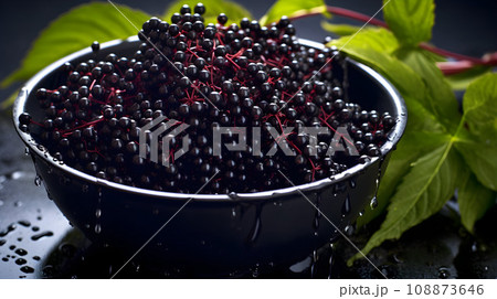Black elderberries in clay bowl 108873646