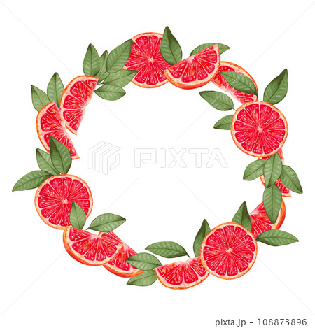 Round grapefruit wreath.Fruit frame made of ripe fruit slices with leaves.Botanical healthy food.Marker and watercolor illustration.Design for food packaging,juices,menus,cards.Handmade isolated art 108873896