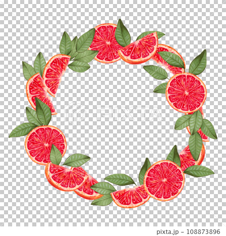 Round grapefruit wreath.Fruit frame made of ripe fruit slices with leaves.Botanical healthy food.Marker and watercolor illustration.Design for food packaging,juices,menus,cards.Handmade isolated art 108873896