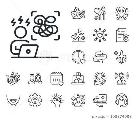 Online psychology sign. Online doctor, patient and medicine outline icons. Difficult stress line icon. Confused mental health symbol. Difficult stress line sign. Vector 108874008