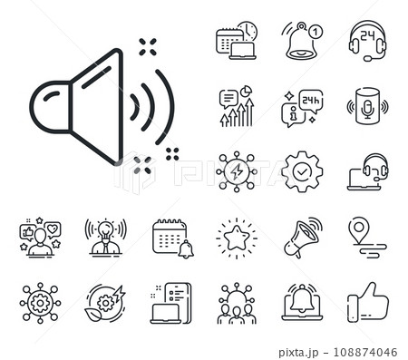 Music sound sign. Place location, technology and smart speaker outline icons. Loud sound line icon. Musical device symbol. Loud sound line sign. Influencer, brand ambassador icon. Vector 108874046