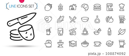 Pack of Food, Ice cream and Cognac bottle line icons. Include Pasta, Food delivery, Croissant pictogram icons. Gluten free, Teapot, Seafood signs. Acorn, Potato chips, Grill. Food outline sign. Vector Pack of Food, Ice cream and Cognac bottle line icons. Include Pasta, Food delivery, Croissant pictogram icons. Gluten free, Teapot, Seafood signs. Acorn, Potato chips, Grill. Food outline sign. Vector 108874092