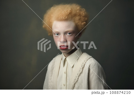 African American albino teenage boy with fair skin, red curly hair, blue eyes and freckles. In a white old-fashioned shirt. Looks at the camera. Portrait. Multinational. Diversity 108874210