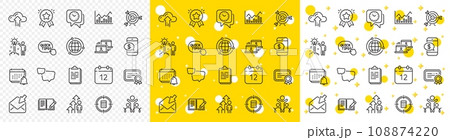 Outline Target, Feedback and Employee result line icons pack for web with Calculator target, Ranking star, Inclusion line icon. Infochart, Clipboard, Notification pictogram icon. Vector 108874220
