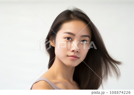 Young beautiful Asian model with long black straight hair close-up on white background. Copy space. Beautiful clean glowing skin. Natural makeup. Beauty saloon. Salon. Cosmetology, dermatology, Spa 108874226