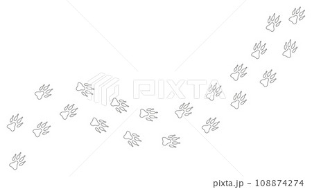 Path of White footprints of dog, puppy, wolf, fox in the snow. Dog paw print, Contour. Track. Vector isolated. Paw pattern. Wolf trace. Pet shop, printing, textiles, game, postcard, brochure, booklet. 108874274
