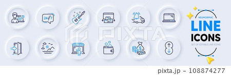 Market seller, Money and Electric guitar line icons for web app. Pack of Scroll down, Entrance, Success business pictogram icons. Wallet money, Sea mountains, Laptop signs. 24h service. Vector 108874277
