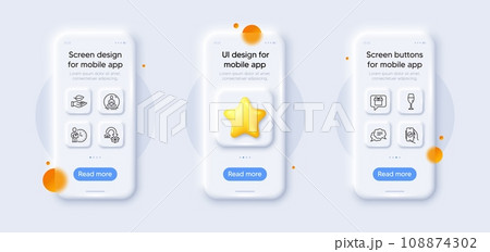Moving service, Text message and Financial app line icons pack. 3d phone mockups with star. Glass smartphone screen. Yoga, Delivery man, Wineglass web icon. Leaf, Wish list pictogram. Vector Moving service, Text message and Financial app line icons pack. 3d phone mockups with star. Glass smartphone screen. Yoga, Delivery man, Wineglass web icon. Leaf, Wish list pictogram. Vector 108874302