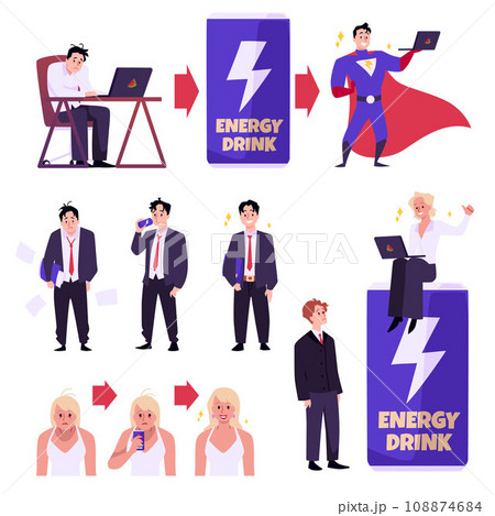 Tired man and active people vector illustrations set, apply energy drink and get a lot of vitality, power effect 108874684