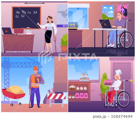 Set of scenes about disabled people working flat style 108874694