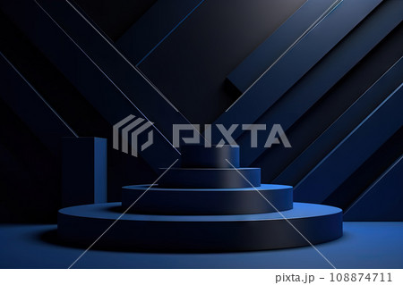 Dark blue pedestal in black room with geometric shapes. Podium for product showcase. Generated AI. 108874711