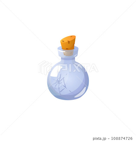Glass potion corked bottle with crack. Glass potion corked bottle with crack. 108874726